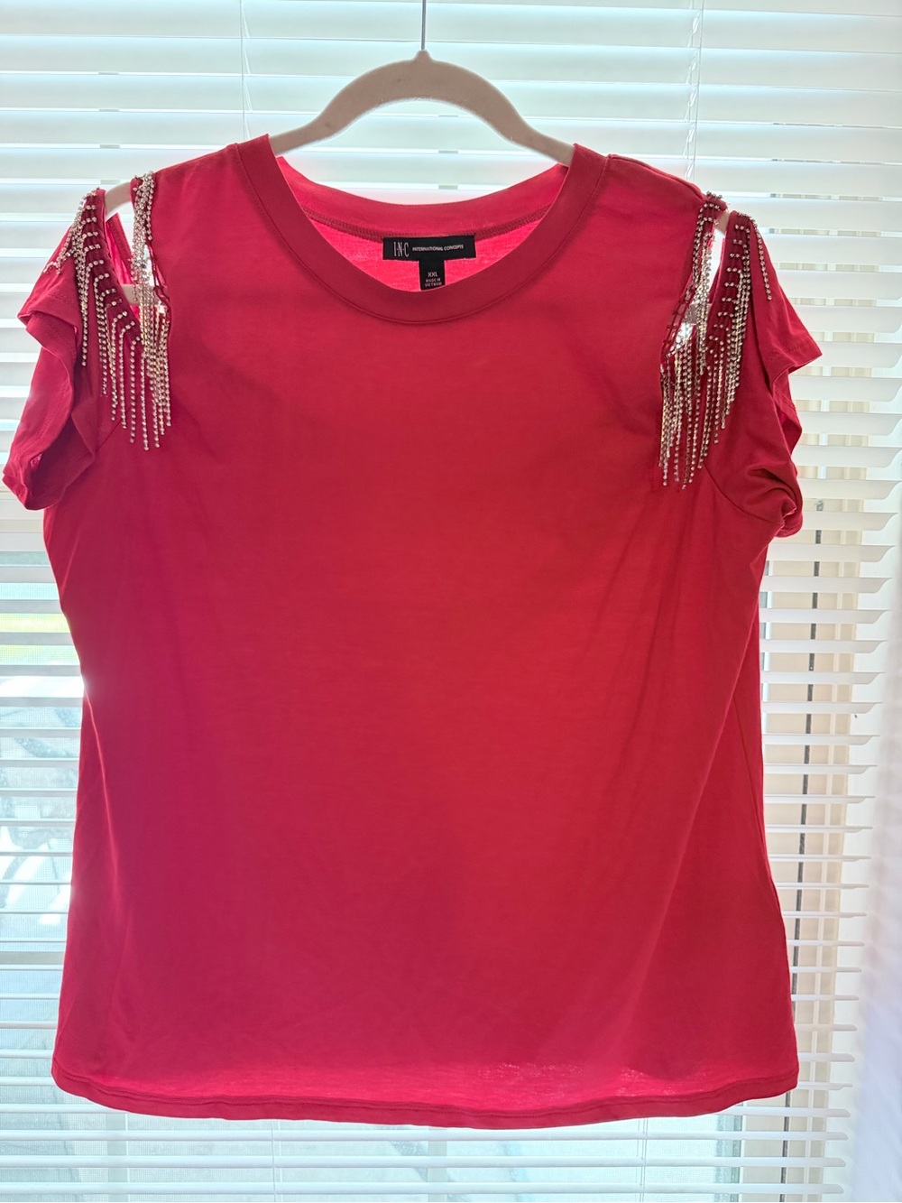 INC International Concepts Red Cold-Shoulder Tee with Beaded Fringe